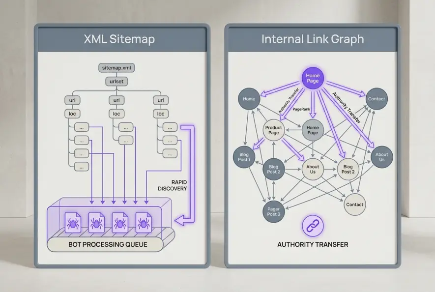 Side-by-side comparison diagram illustrating XML sitemap discovery versus HTML internal link equity transfer