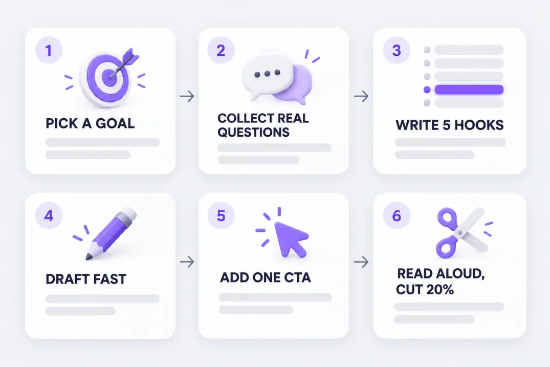 Six-step caption writing workflow from picking a goal to cutting 20 percent
