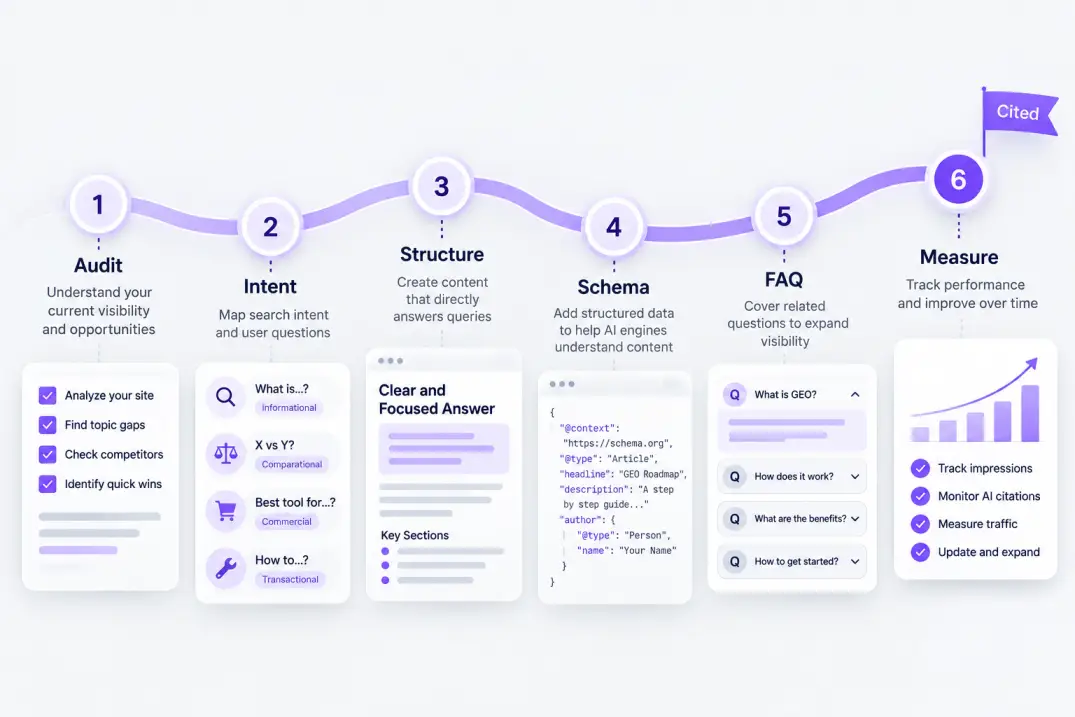 Six-step GEO roadmap from audit to measurement shown as a winding path