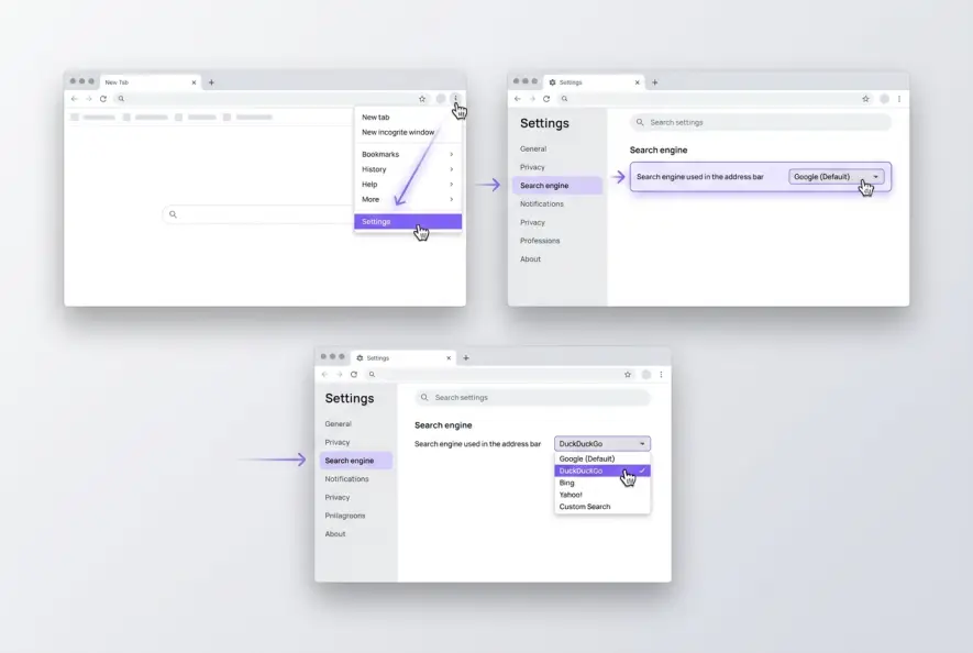 Step-by-step tutorial diagram illustrating how to change the default address bar search provider in browser settings