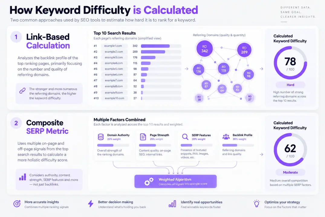 Technical diagram breaking down link-based keyword difficulty versus composite SERP evaluation formulas.