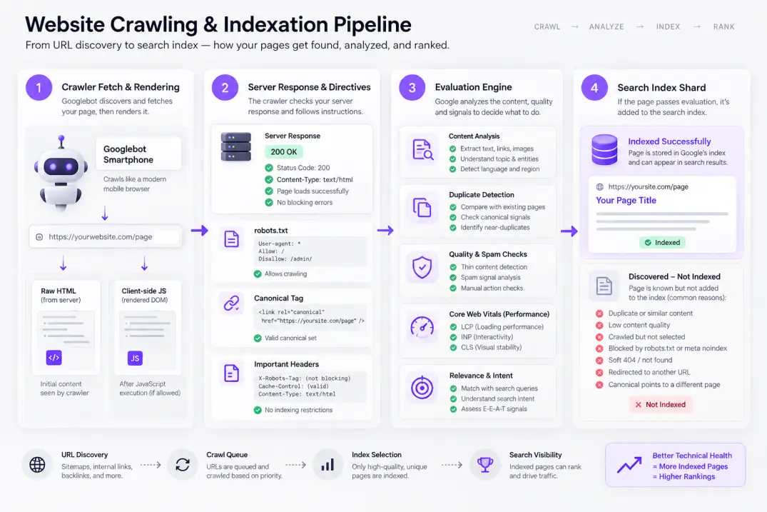 Technical flowchart mapping the website crawl, rendering, canonical validation, and search indexation pipeline.