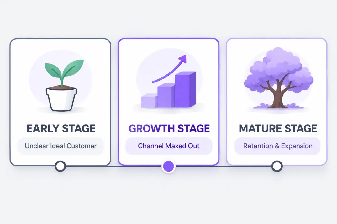 Three business growth stages compared: early, growth, and mature, each with a different bottleneck