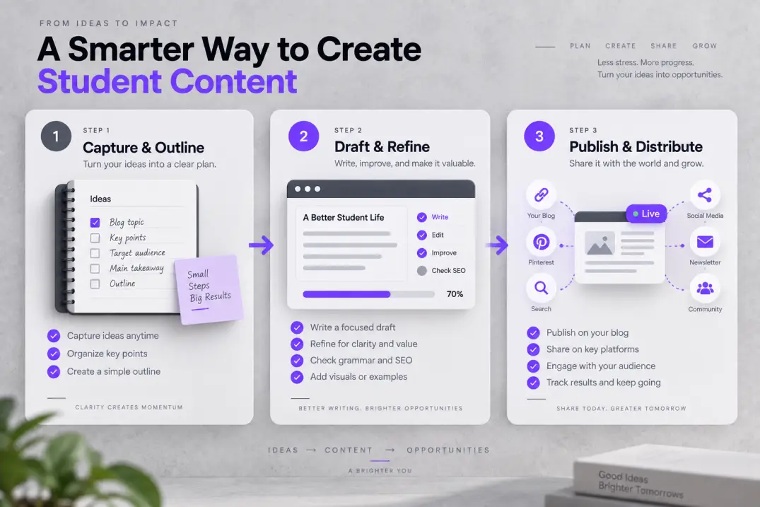 Three-step workflow infographic detailing how students plan, write, and publish blog articles.