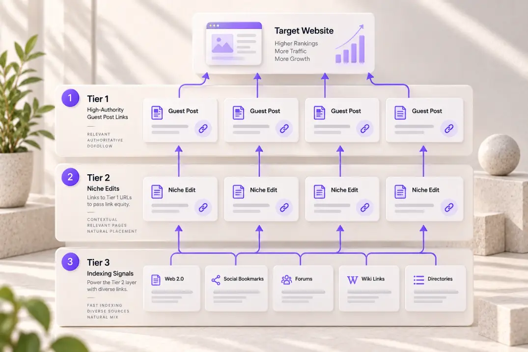 Three-tier link building architecture diagram detailing Tier 1, Tier 2, and Tier 3 equity flow.