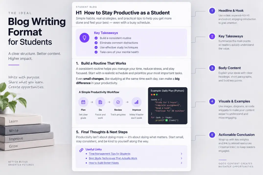 Visual diagram illustrating the anatomy and formatting structure of an effective student blog post.