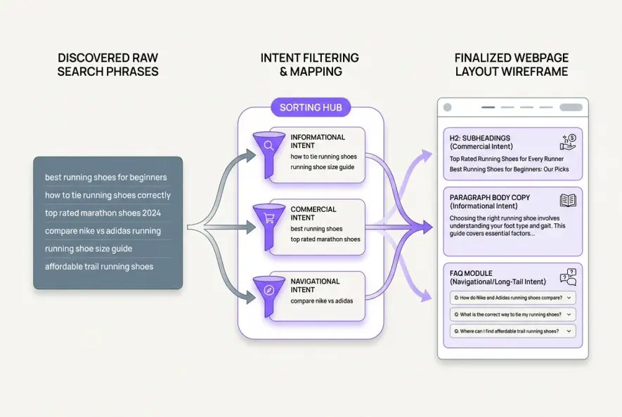 Workflow diagram mapping search queries into specific webpage headings and content modules.