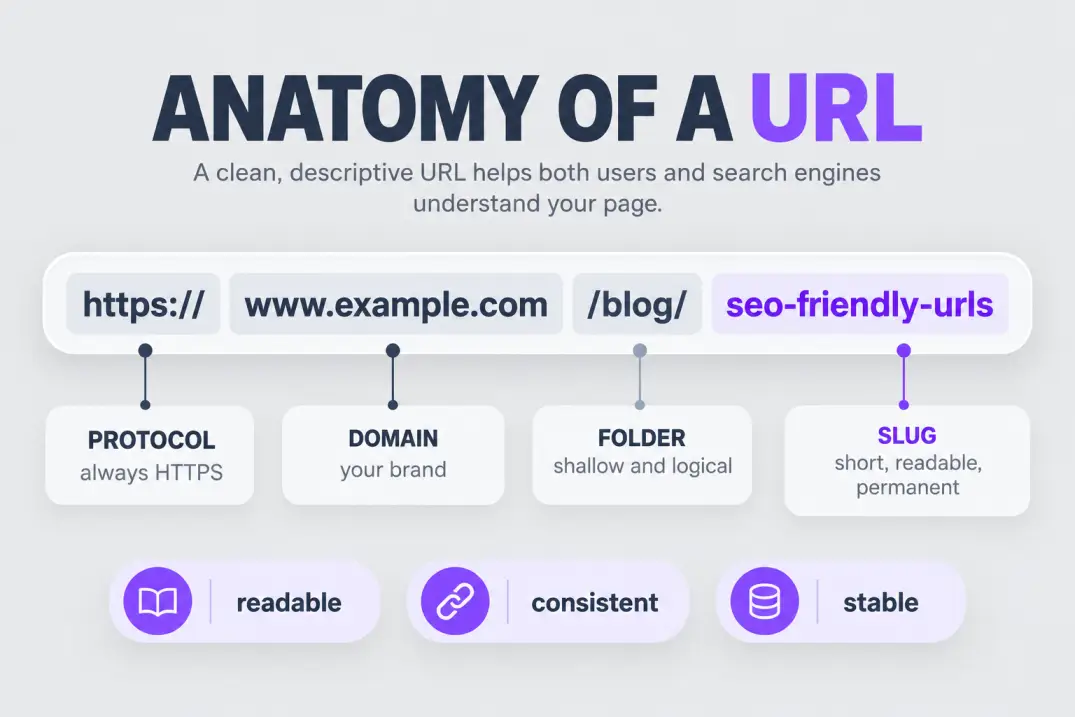 Anatomy of a URL with the slug seo-friendly-urls highlighted and labels for protocol, domain, folder and slug