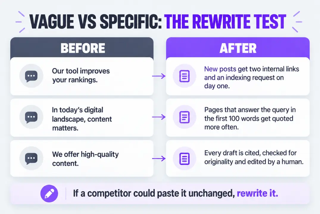 Before and after sentence rewrites showing vague SEO copy turned into specific, checkable claims
