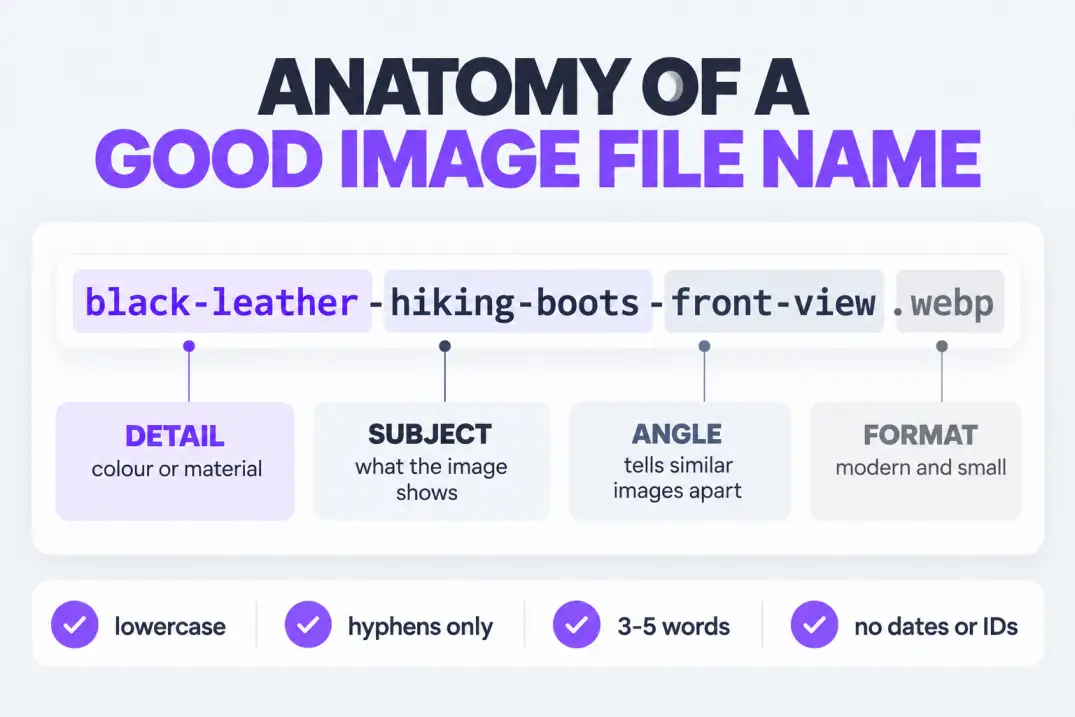 Breakdown of the file name black-leather-hiking-boots-front-view.webp into detail, subject, angle and format