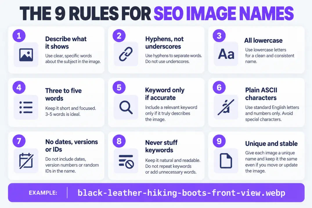Cheat sheet of nine rules for naming images for SEO with a model file name
