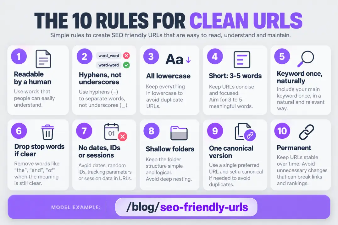 Cheat sheet of ten rules for SEO friendly URLs with a model slug example