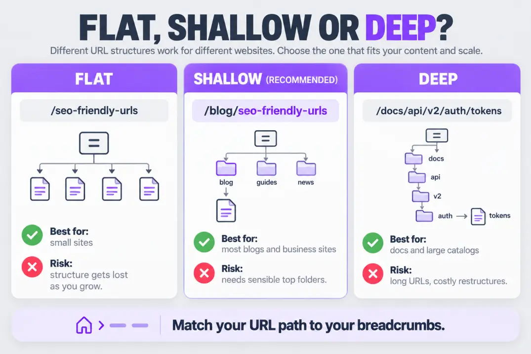 Comparison of flat, shallow and deep URL folder structures with the best use for each