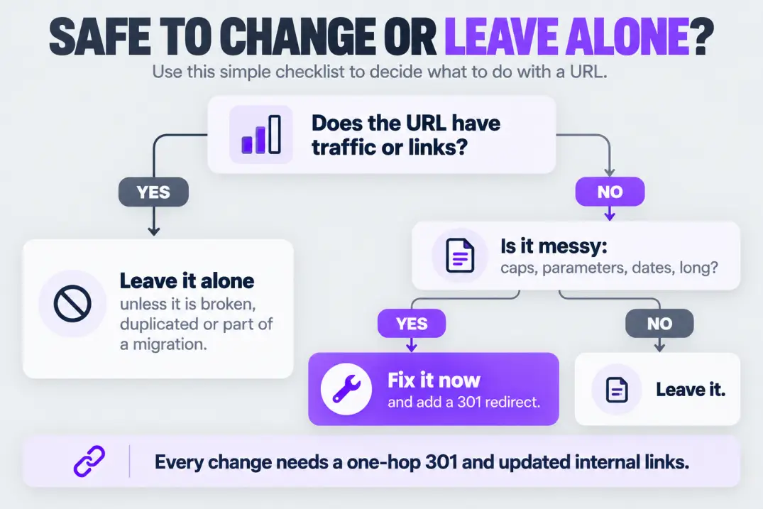 Decision tree for whether to change or leave a URL based on traffic, links and how messy it is