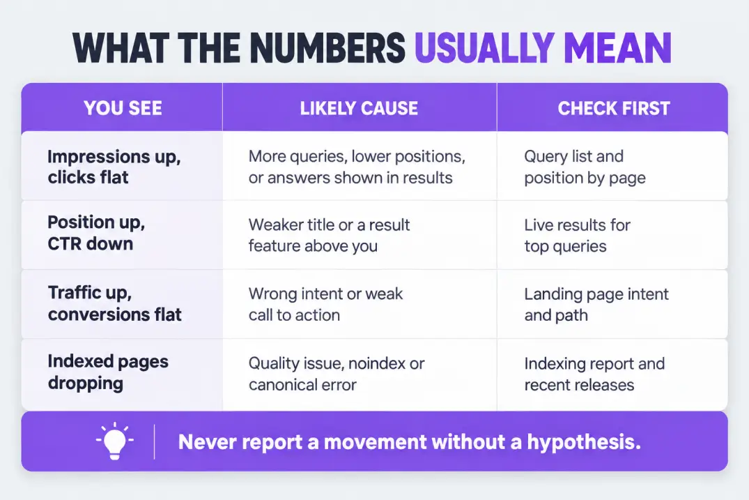 Diagnosis table linking common SEO report patterns such as impressions up and clicks flat to likely causes