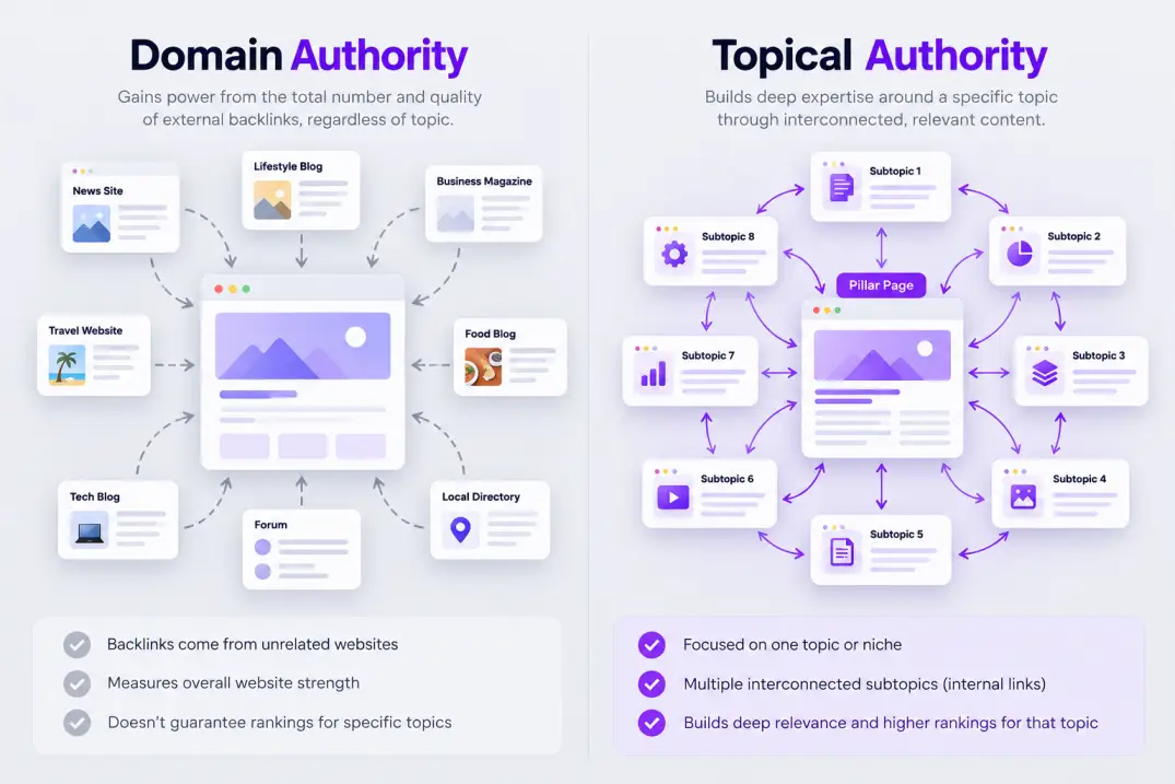 Diagram comparing domain-wide external backlinks with a tightly interconnected topical cluster network.