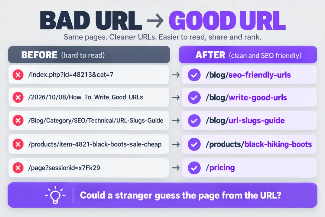 Five messy URLs rewritten into short readable slugs, a before and after guide to SEO friendly URLs