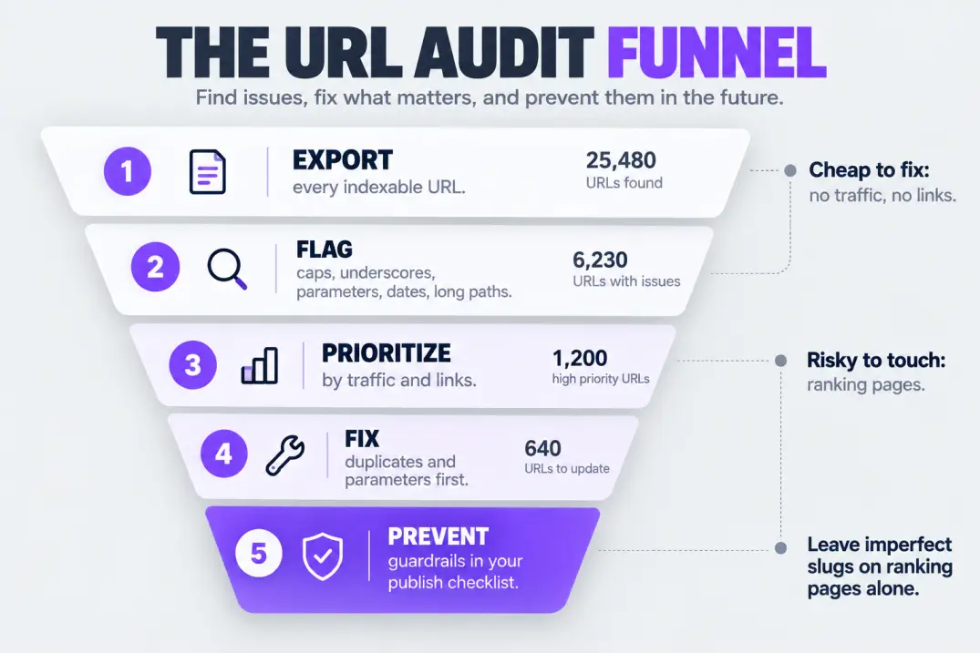 Five-stage funnel for auditing existing URLs, from export to preventing future problems