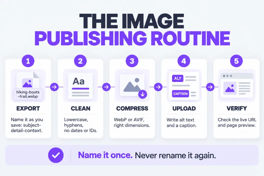 Five-step image publishing routine from export and naming to compression, upload and verification