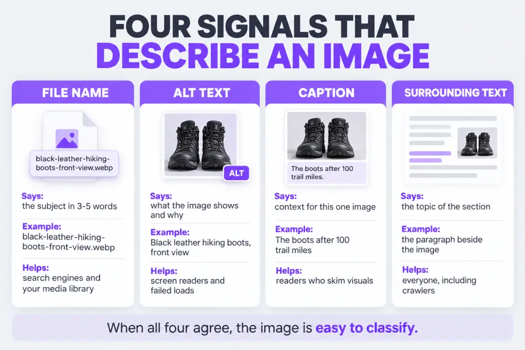 Four image signals compared: file name, alt text, caption and surrounding text, with examples for each
