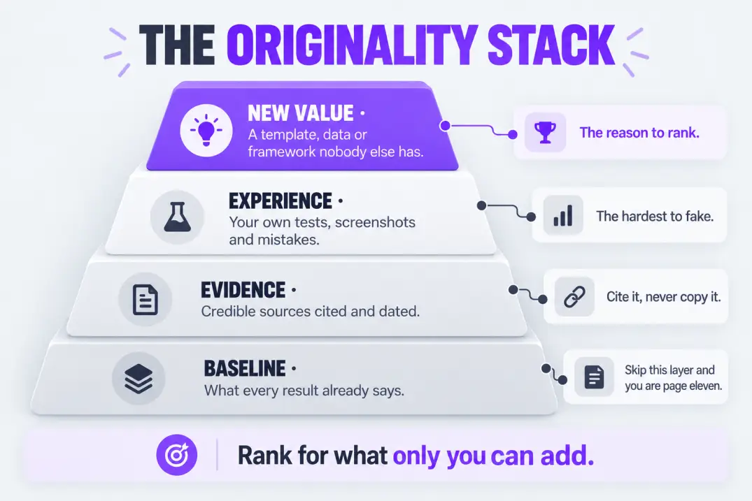 Four-layer originality stack showing how SEO copy moves from baseline claims to new value