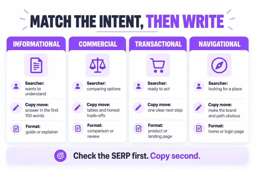 Four search intent types with the copywriting move that matches each, shown as a text-based infographic