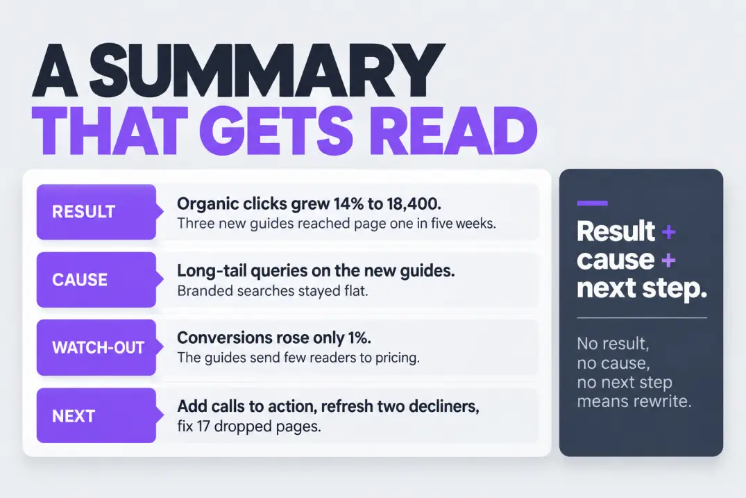 Illustrative executive summary card for a monthly SEO report showing result, cause, watch-out and next step