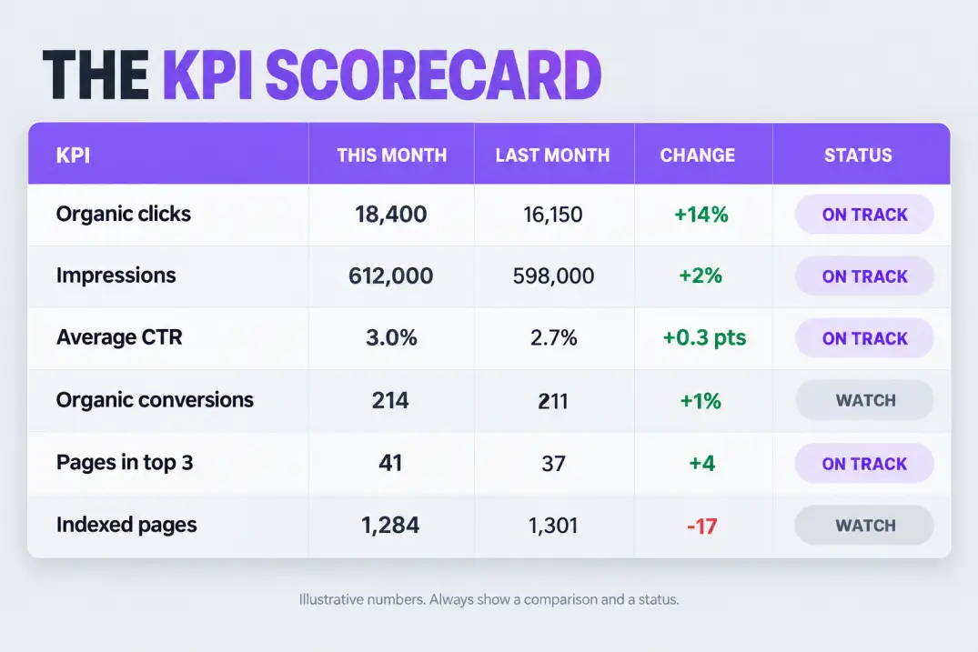 Illustrative KPI scorecard comparing this month and last month with status labels for a monthly report