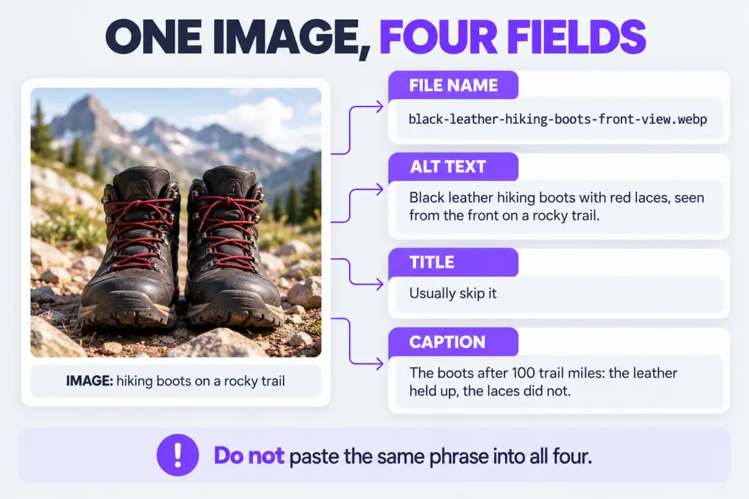 One hiking boot photo with its file name, alt text, title and caption written differently for image SEO