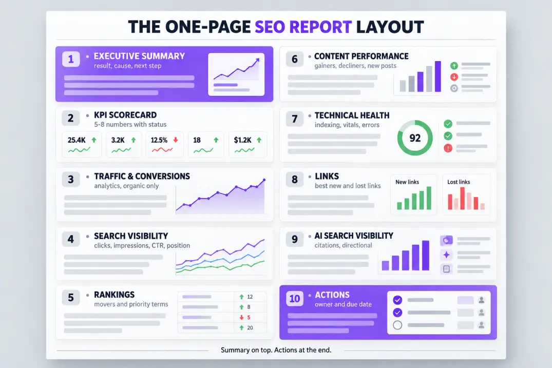One-page SEO report template layout with ten numbered sections from executive summary to action plan