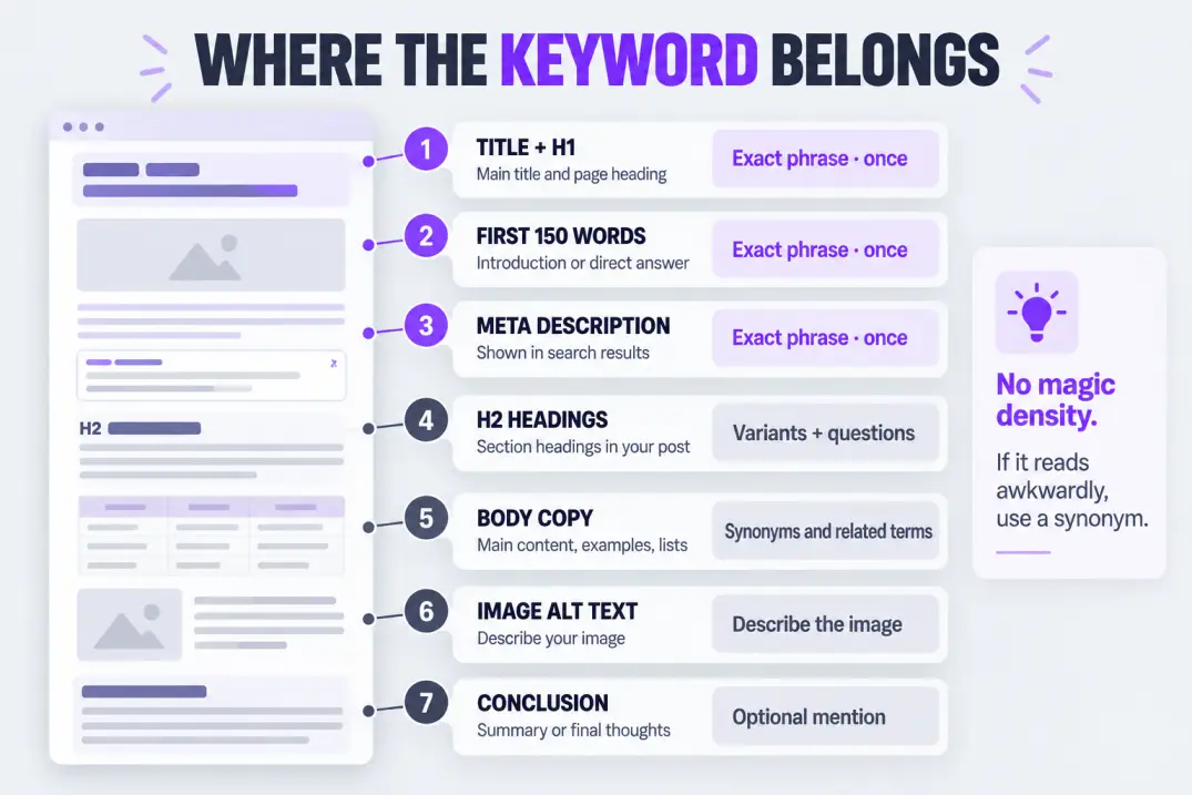 Page wireframe showing where to place the exact SEO copywriting keyword and where synonyms work better