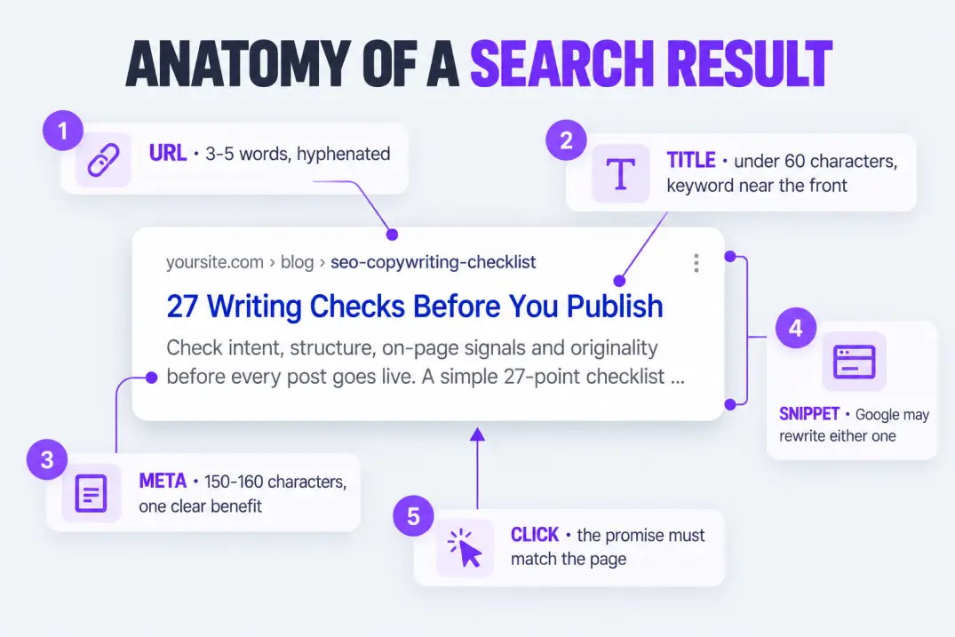 Search result card with callouts for URL, title and meta description lengths from an SEO copywriting checklist
