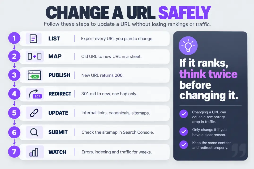 Seven-step process for changing a URL safely with a 301 redirect map and monitoring