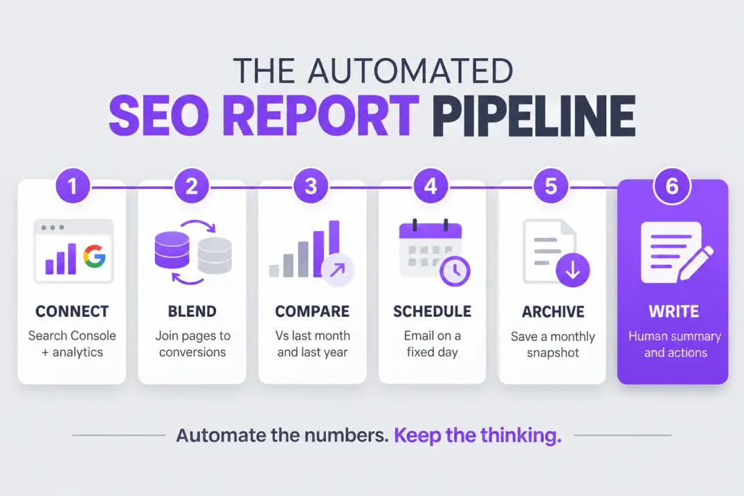 Six-step automated SEO reports pipeline from connecting data sources to writing the human summary