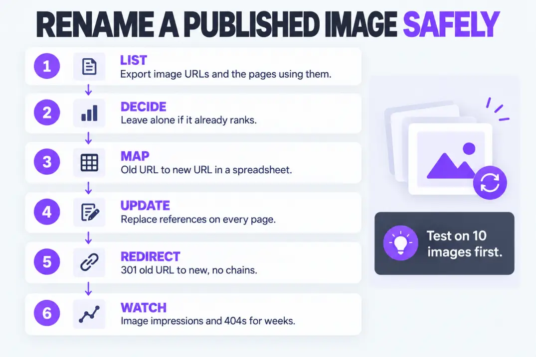 Six-step flow for renaming published images safely with a redirect map and monitoring