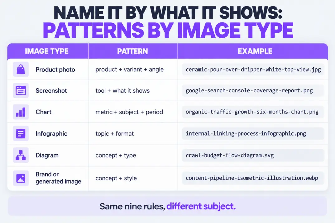 Table of file naming patterns for product photos, screenshots, charts, infographics, diagrams and brand images