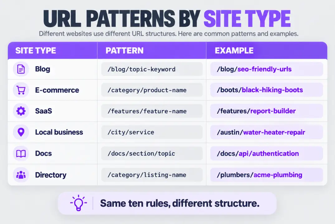 Table of URL patterns for blogs, e-commerce, SaaS, local business, documentation and directory sites