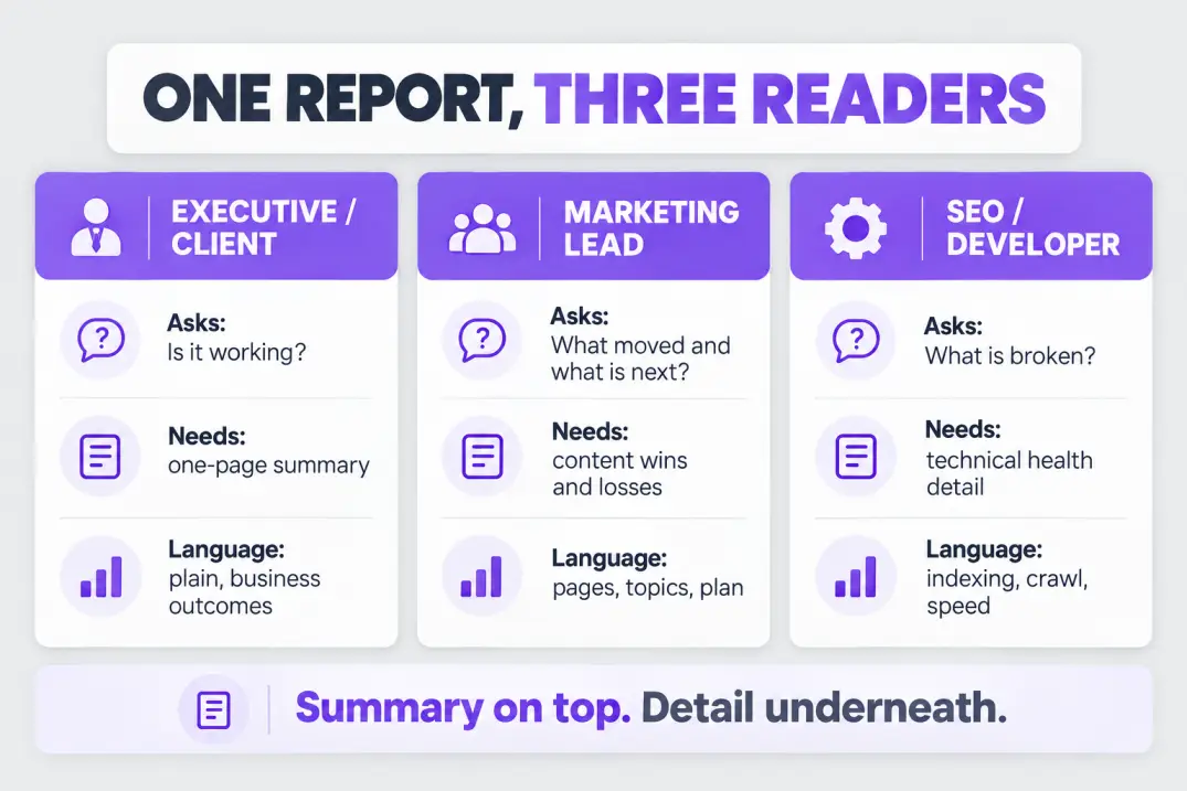 Three report readers (executive, marketer, developer) and what each needs from an SEO report